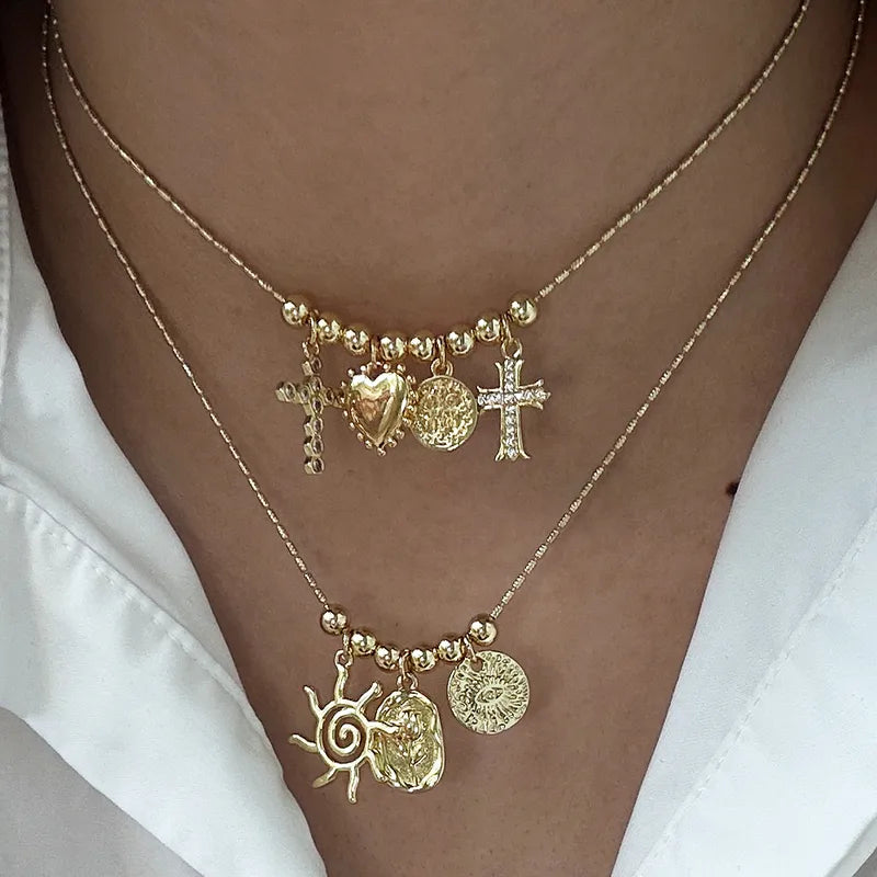 Copper Beaded Chain 18K Gold Plated Beaded Cross Heart Shape Pendant Necklace