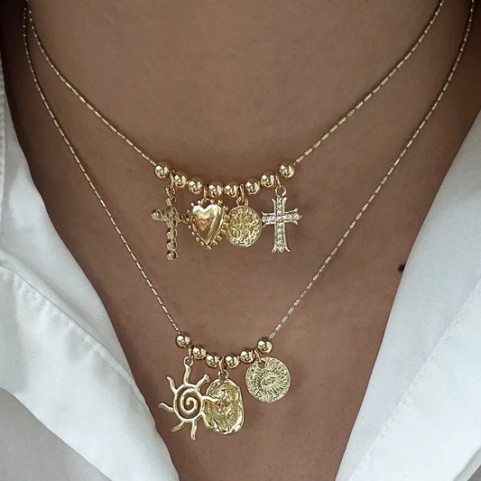 Copper Beaded Chain 18K Gold Plated Beaded Cross Heart Shape Pendant Necklace