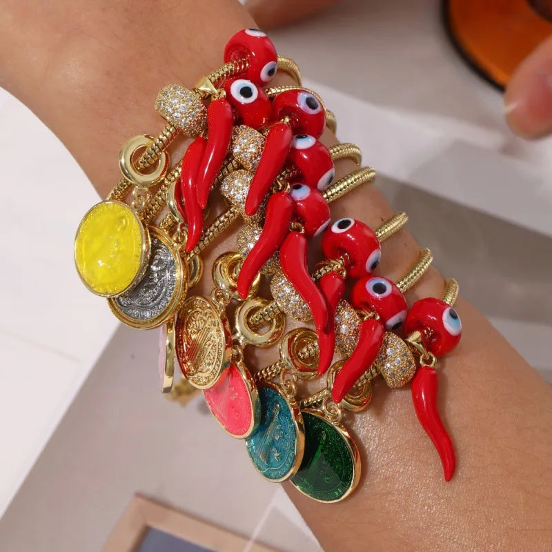 Copper Embedded Zirconia Oil-Drop Chili Round Portrait Eye Bracelet Couple Style Fashion Jewelry Cartoon Fruit Pattern Design