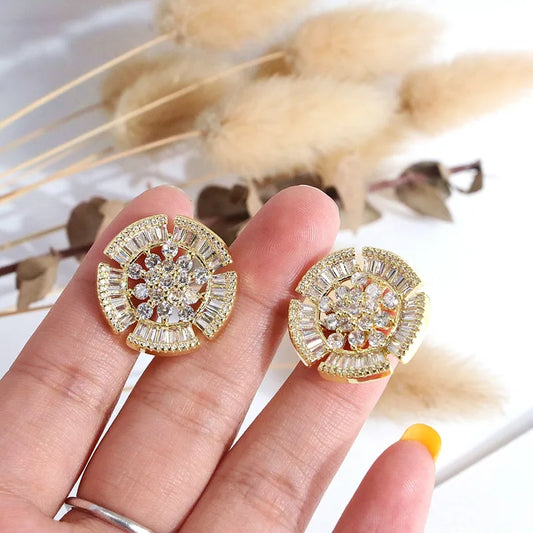Copper Geometry Vacuum Plating Zircon Elegant Gold Ear Studs