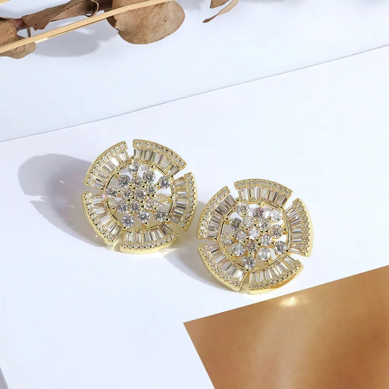 Copper Geometry Vacuum Plating Zircon Elegant Gold Ear Studs