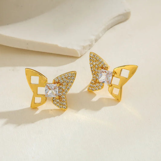 Copper Inlaid Zircon Butterfly Water Drop Earrings Casual Simple Style Gold-Plated Geometric