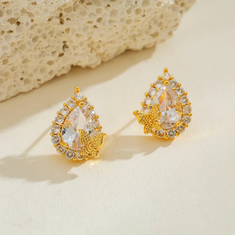 Copper Inlaid Zircon Butterfly Water Drop Earrings Casual Simple Style Gold-Plated Geometric