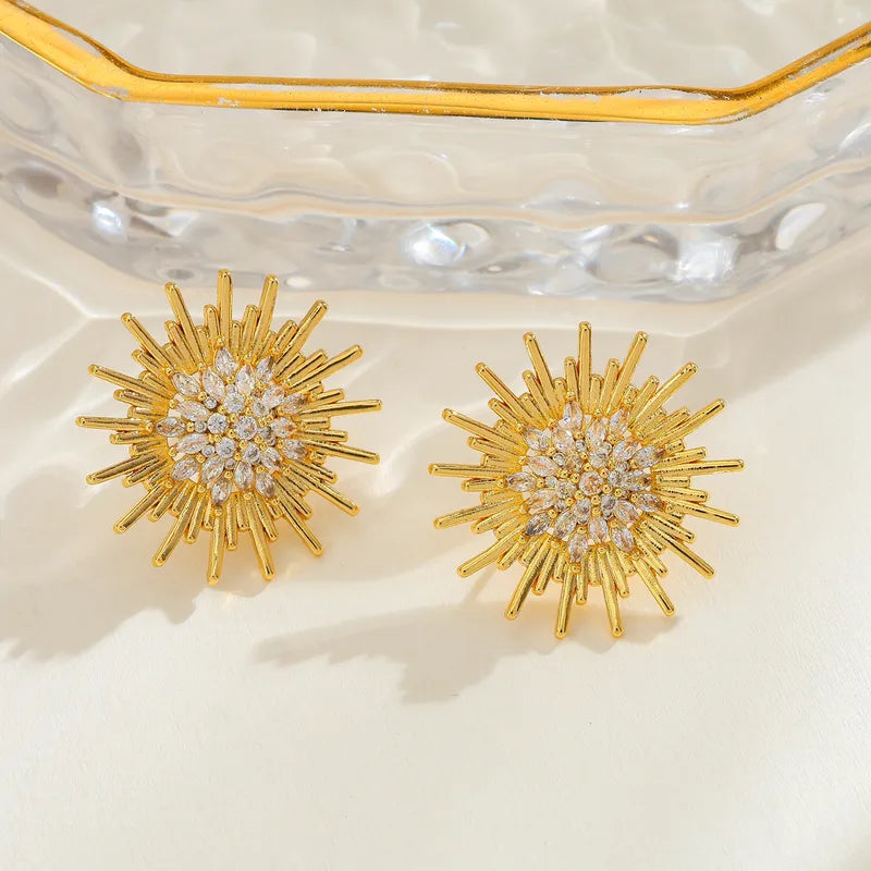 Copper Sunflower Water Plated Zircon Casual Simple Style Inlaid Gold Earrings