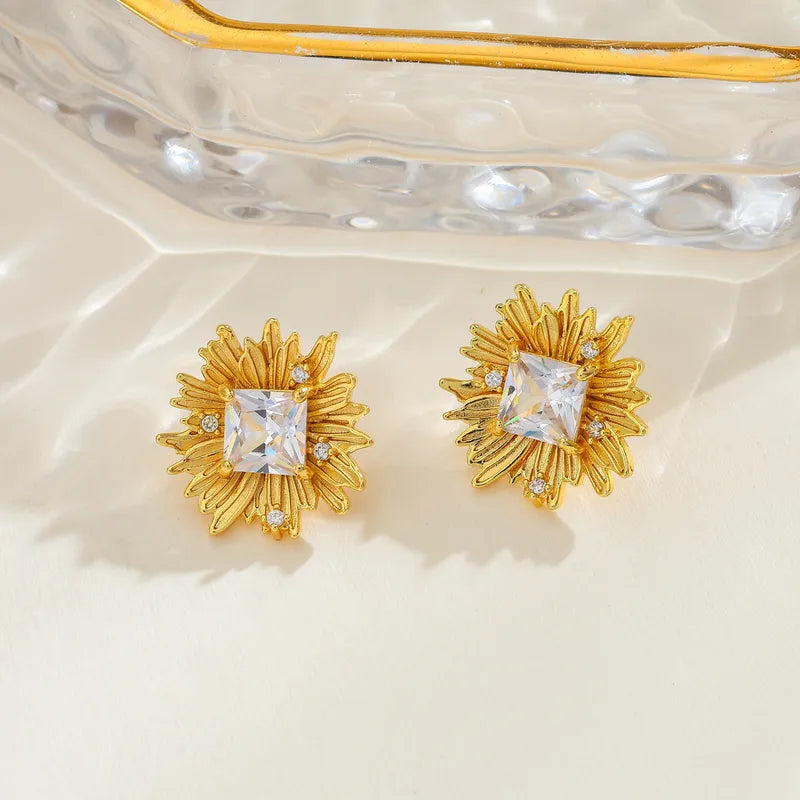 Copper Sunflower Water Plated Zircon Casual Simple Style Inlaid Gold Earrings