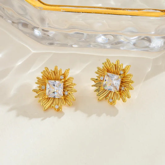 Copper Sunflower Water Plated Zircon Casual Simple Style Inlaid Gold Earrings