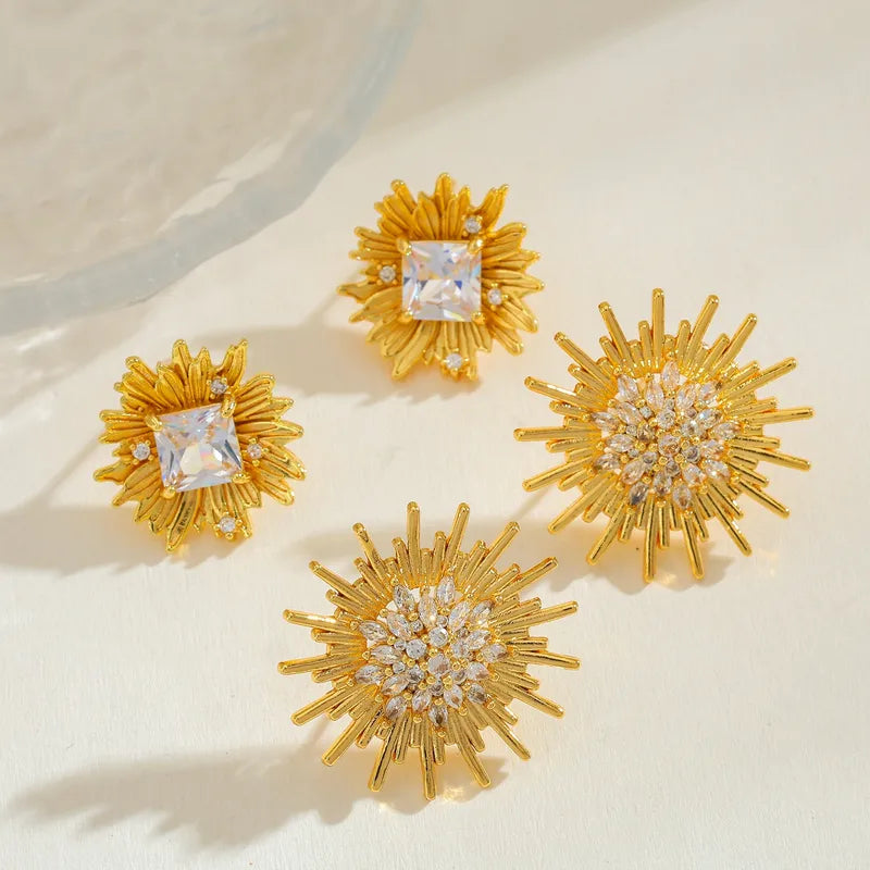 Copper Sunflower Water Plated Zircon Casual Simple Style Inlaid Gold Earrings
