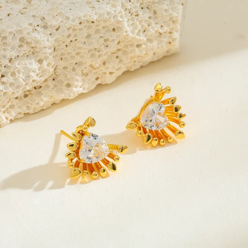 Copper Water Drop Heart-shaped Flower Water-plated Zircon Casual Simple Style Inlaid Gold Earrings