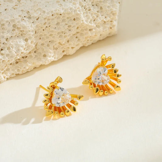 Copper Water Drop Heart-shaped Flower Water-plated Zircon Casual Simple Style Inlaid Gold Earrings