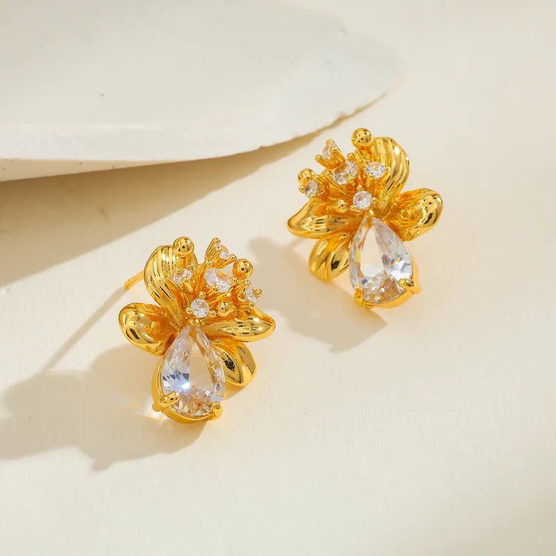 Copper Water Drop Heart-shaped Flower Water-plated Zircon Casual Simple Style Inlaid Gold Earrings