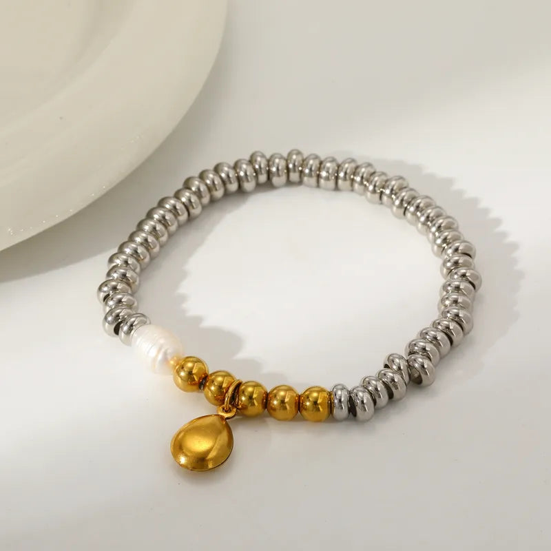 Cross Star Water Drop Heart Shape Vacuum Plating (In Furnace) 18K Real Gold Plated 303 Stainless Steel Freshwater Pearl Mixed Color (Jewelry Metal Contrast Color) Bracelet For Women