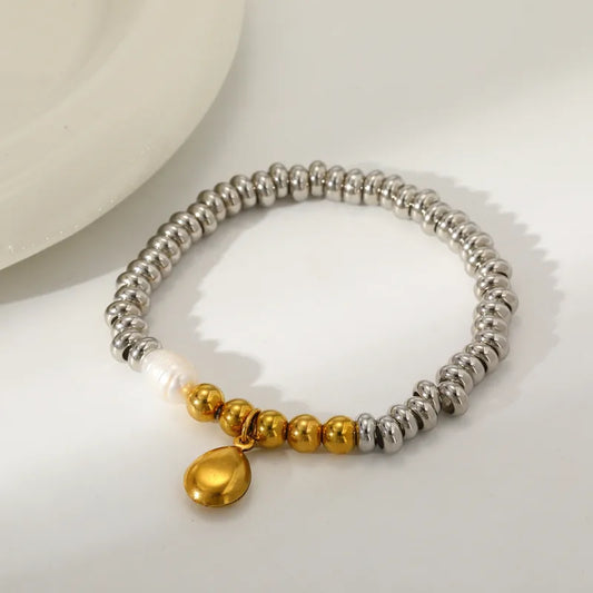 Cross Star Water Drop Heart Shape Vacuum Plating (In Furnace) 18K Real Gold Plated 303 Stainless Steel Freshwater Pearl Mixed Color (Jewelry Metal Contrast Color) Bracelet For Women