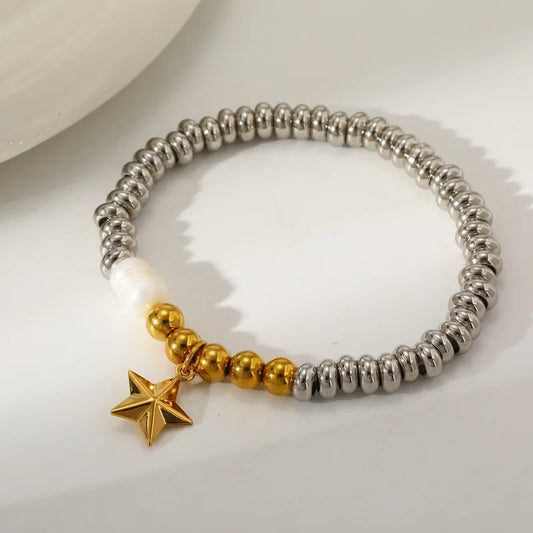 Cross Star Water Drop Heart Shape Vacuum Plating (In Furnace) 18K Real Gold Plated 303 Stainless Steel Freshwater Pearl Mixed Color (Jewelry Metal Contrast Color) Bracelet For Women