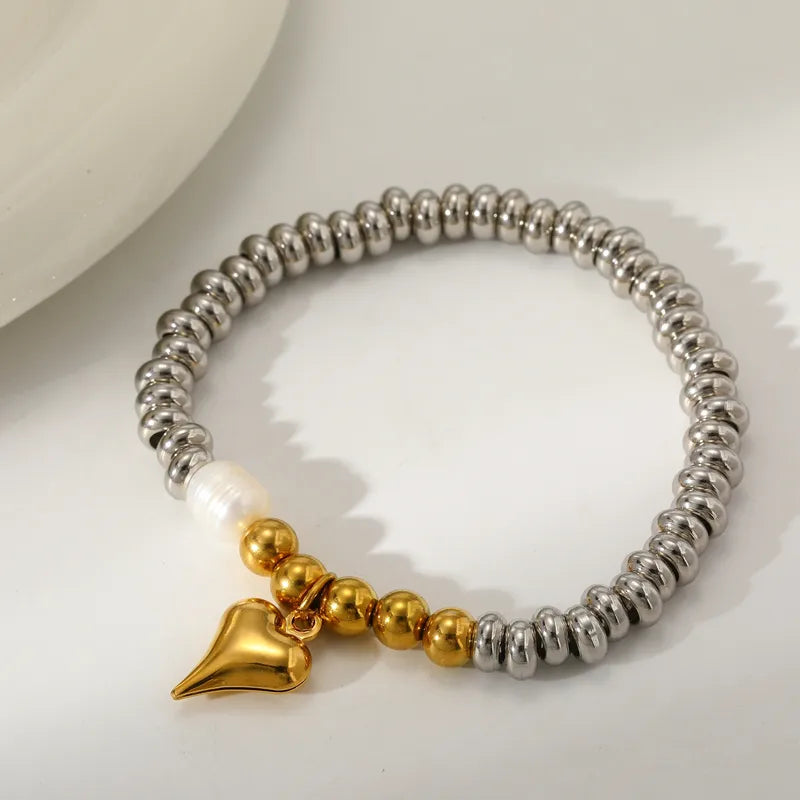 Cross Star Water Drop Heart Shape Vacuum Plating (In Furnace) 18K Real Gold Plated 303 Stainless Steel Freshwater Pearl Mixed Color (Jewelry Metal Contrast Color) Bracelet For Women