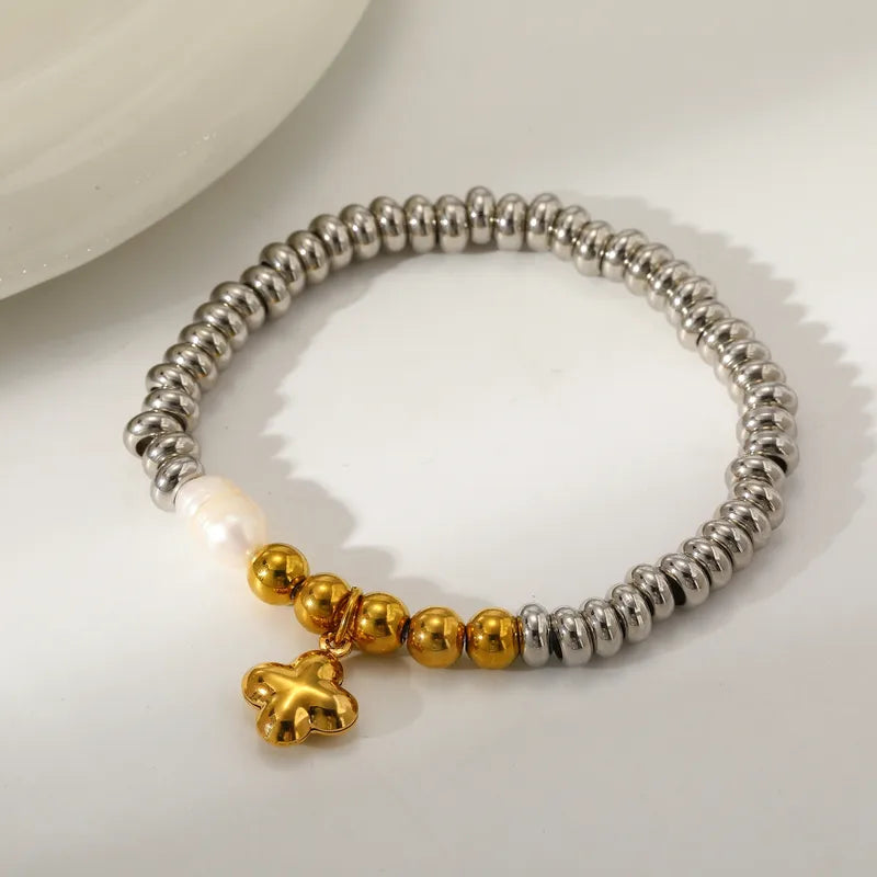 Cross Star Water Drop Heart Shape Vacuum Plating (In Furnace) 18K Real Gold Plated 303 Stainless Steel Freshwater Pearl Mixed Color (Jewelry Metal Contrast Color) Bracelet For Women