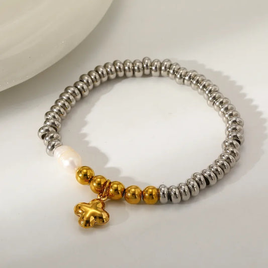 Cross Star Water Drop Heart Shape Vacuum Plating (In Furnace) 18K Real Gold Plated 303 Stainless Steel Freshwater Pearl Mixed Color (Jewelry Metal Contrast Color) Bracelet For Women