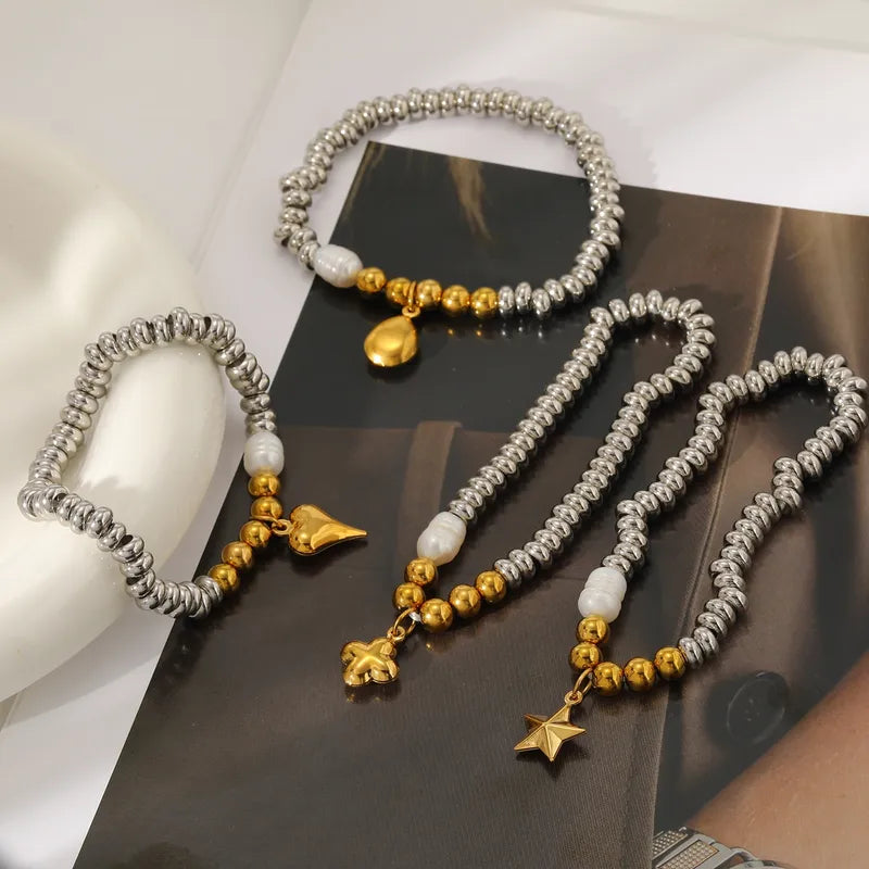 Cross Star Water Drop Heart Shape Vacuum Plating (In Furnace) 18K Real Gold Plated 303 Stainless Steel Freshwater Pearl Mixed Color (Jewelry Metal Contrast Color) Bracelet For Women