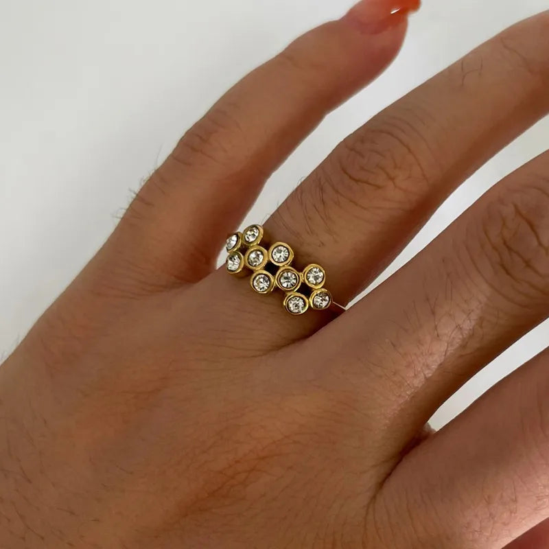 Daily Wear Stainless Steel Open Ring Plated 18K Gold Adjustable Size Geometric Pattern Casual Jewelry For Women With Zircon