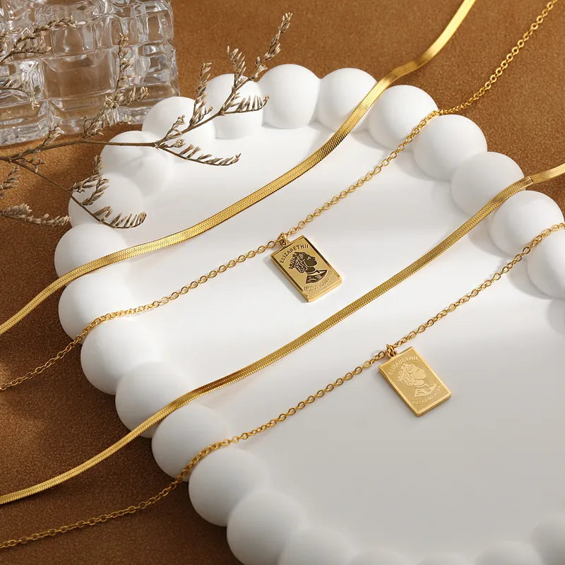 Double Layer Flat Snake Bone Chain Necklace Women's Stacking Design Elizabeth Pendant Titanium Steel Clavicle Chain Geometry Pattern