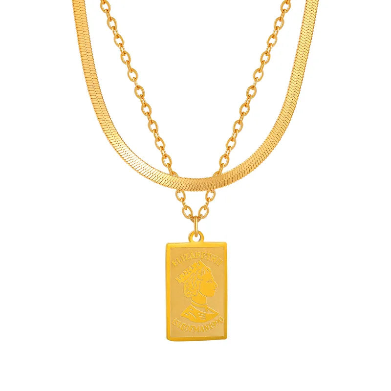 Double Layer Flat Snake Bone Chain Necklace Women's Stacking Design Elizabeth Pendant Titanium Steel Clavicle Chain Geometry Pattern