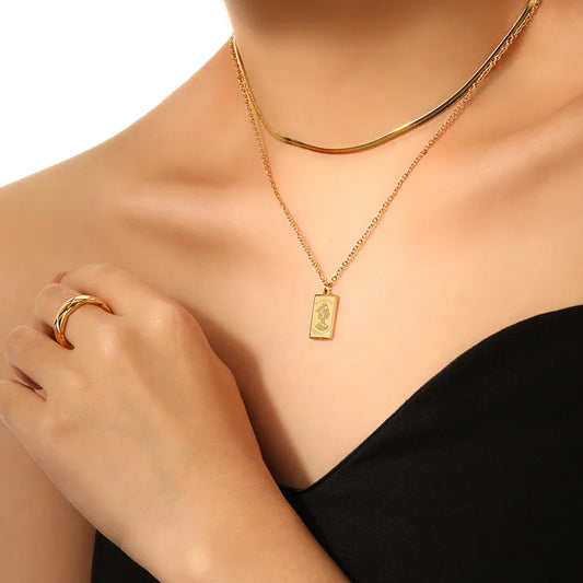 Double Layer Flat Snake Bone Chain Necklace Women's Stacking Design Elizabeth Pendant Titanium Steel Clavicle Chain Geometry Pattern