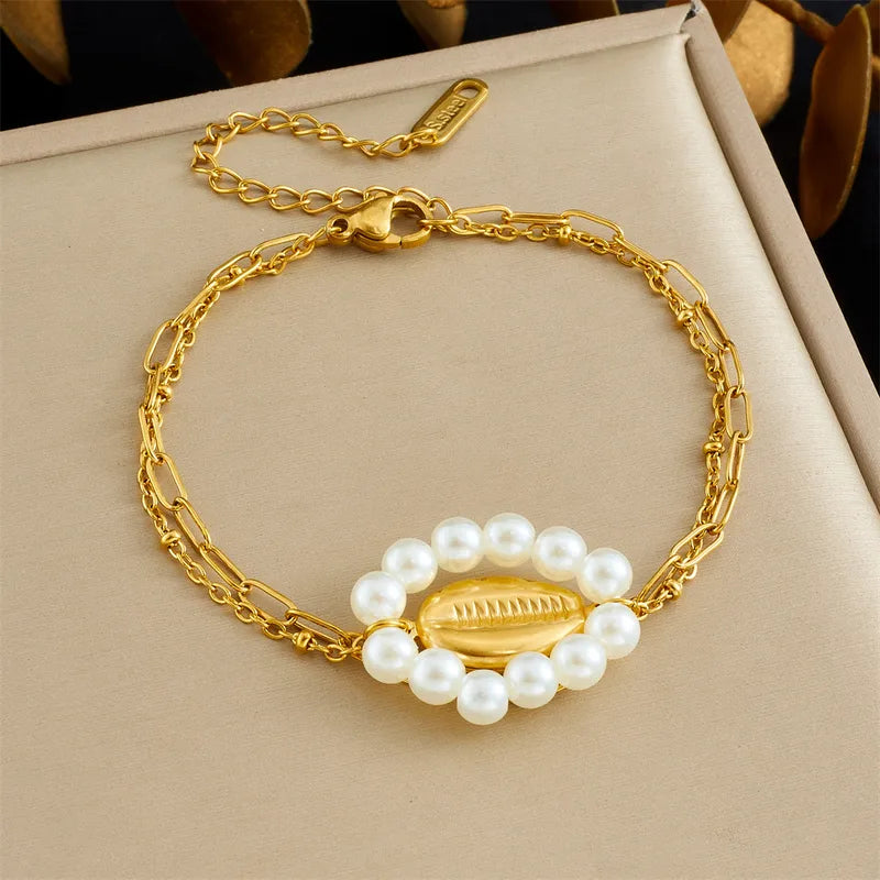 Double Layer Pearl Flower Shell Design Bracelet New Fashion Versatile Star Eye Full Of Diamonds Accessories Stack Wear Stainless Steel Bohemian Style Women