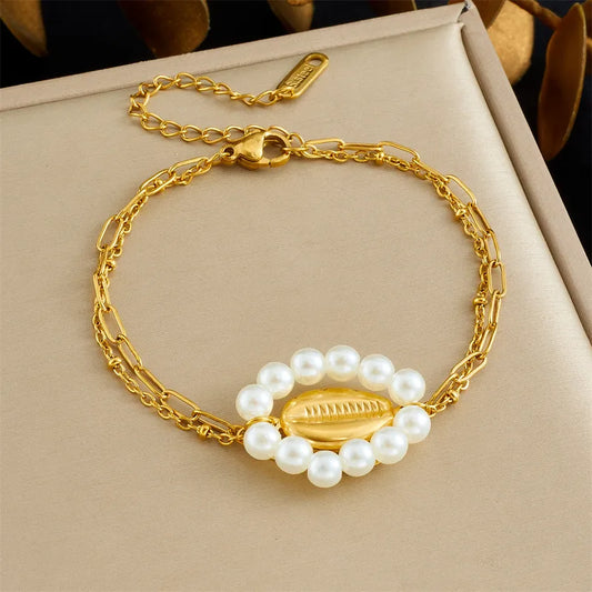 Double Layer Pearl Flower Shell Design Bracelet New Fashion Versatile Star Eye Full Of Diamonds Accessories Stack Wear Stainless Steel Bohemian Style Women