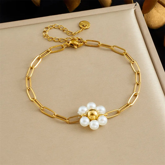 Double Layer Pearl Flower Shell Design Bracelet New Fashion Versatile Star Eye Full Of Diamonds Accessories Stack Wear Stainless Steel Bohemian Style Women