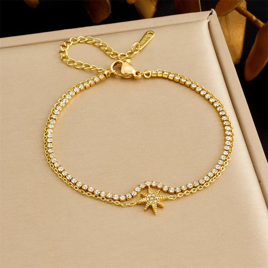 Double Layer Pearl Flower Shell Design Bracelet New Fashion Versatile Star Eye Full Of Diamonds Accessories Stack Wear Stainless Steel Bohemian Style Women