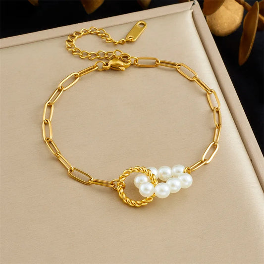 Double Layer Pearl Flower Shell Design Bracelet New Fashion Versatile Star Eye Full Of Diamonds Accessories Stack Wear Stainless Steel Bohemian Style Women