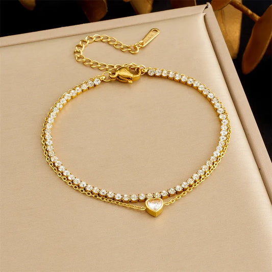 Double Layer Pearl Flower Shell Design Bracelet New Fashion Versatile Star Eye Full Of Diamonds Accessories Stack Wear Stainless Steel Bohemian Style Women