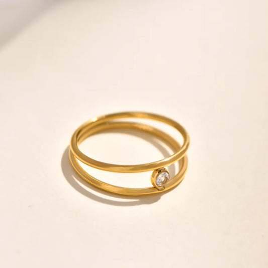 Double Layer Titanium Steel Gold Plated Ring With Large Embedded Diamonds And Butterfly Knot Irregular Geometry Crossed Square