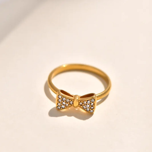 Double Layer Titanium Steel Gold Plated Ring With Large Embedded Diamonds And Butterfly Knot Irregular Geometry Crossed Square