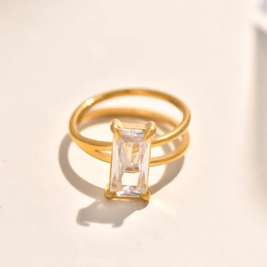 Double Layer Titanium Steel Gold Plated Ring With Large Embedded Diamonds And Butterfly Knot Irregular Geometry Crossed Square