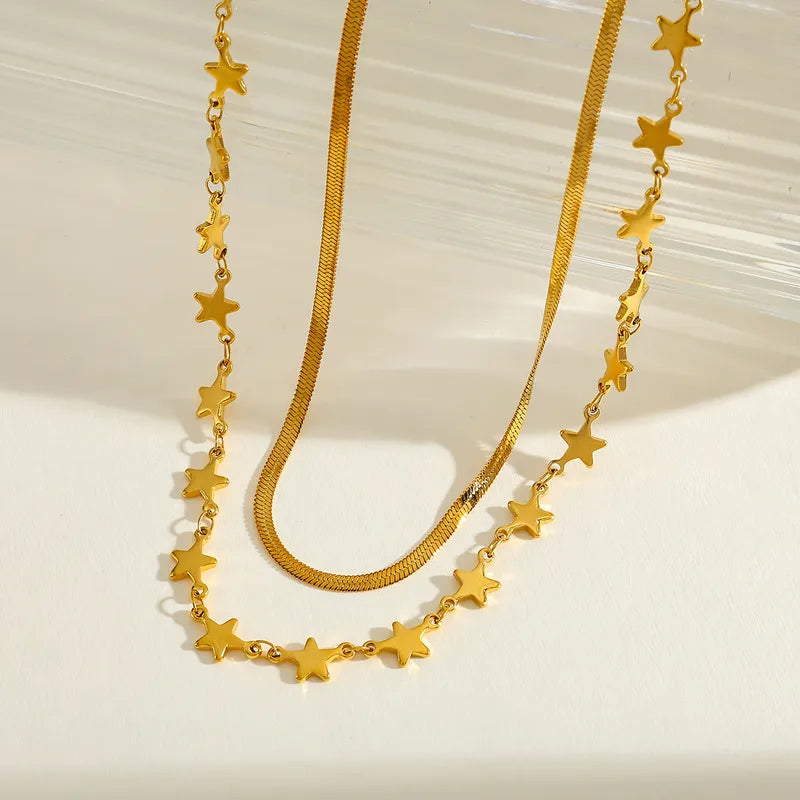 Double Layered Stainless Steel 18K Gold Plated Heart And Star Necklace Elegant Cute Romantic Minimalist Artistic Style Jewelry