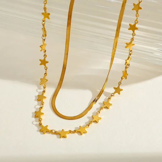 Double Layered Stainless Steel 18K Gold Plated Heart And Star Necklace Elegant Cute Romantic Minimalist Artistic Style Jewelry