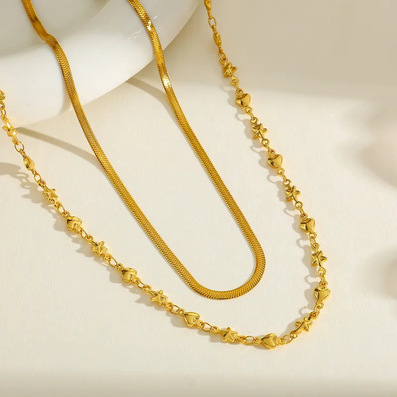 Double Layered Stainless Steel 18K Gold Plated Heart And Star Necklace Elegant Cute Romantic Minimalist Artistic Style Jewelry