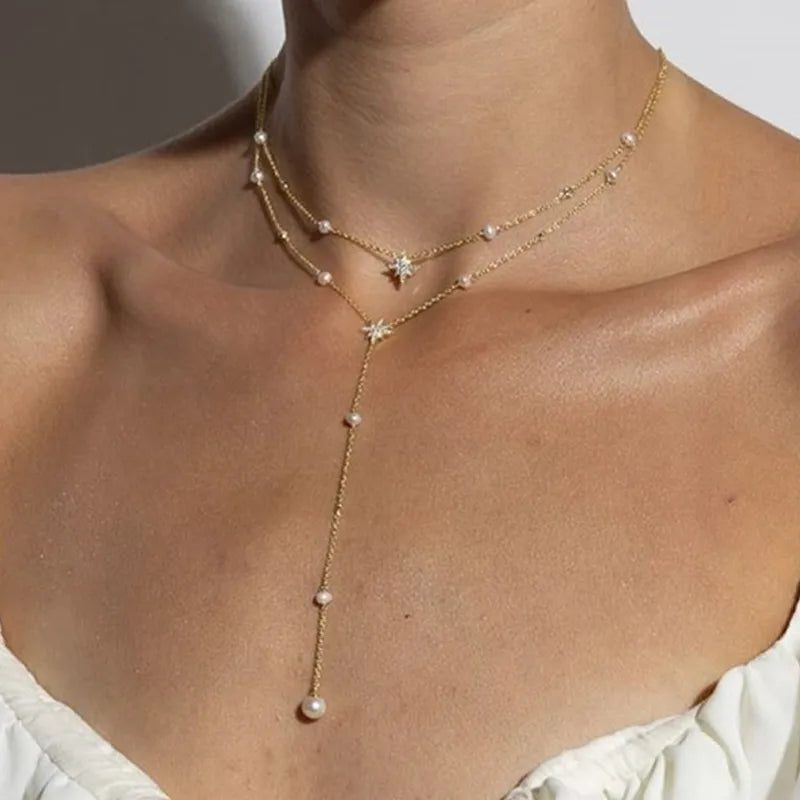 Double Layered Star Necklace Pearl Bridal Versatile Necklace Elegant Affluent Style Women's Jewelry Accessory
