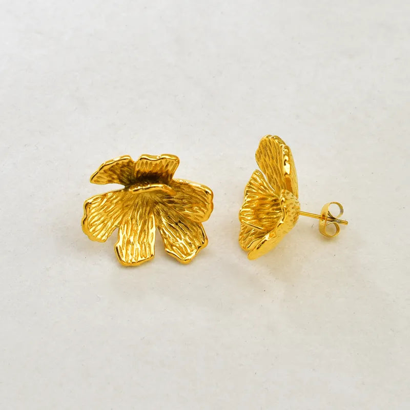 E141 Exaggerated Personality Design Three-Dimensional Flower Vacuum Electroplating (In Furnace) Plated 18K Real Gold 304 Stainless Steel Waterproof Non-Fading Earrings Studs