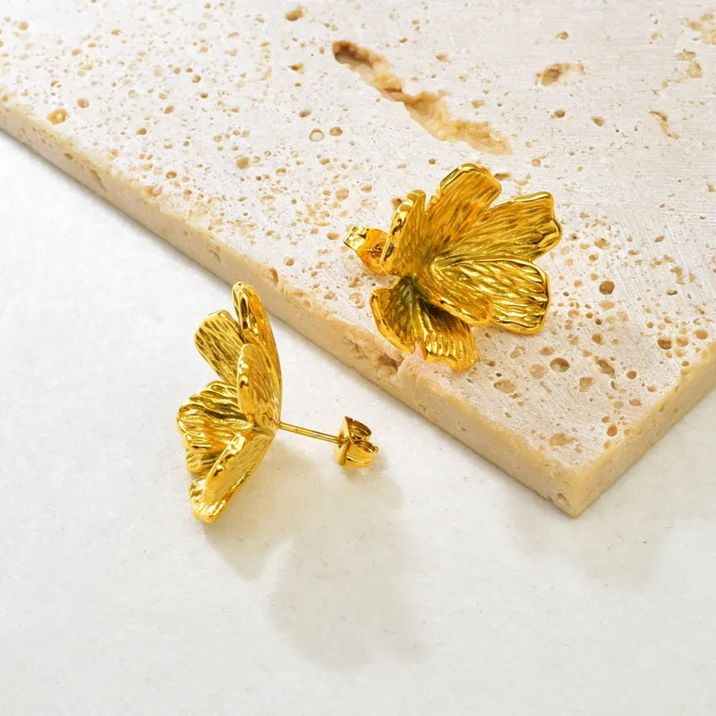 E141 Exaggerated Personality Design Three-Dimensional Flower Vacuum Electroplating (In Furnace) Plated 18K Real Gold 304 Stainless Steel Waterproof Non-Fading Earrings Studs