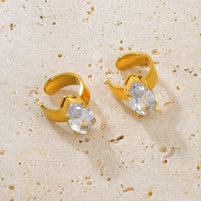 E51304 Stainless Steel Zircon Ear Clip Elegant Hoop Earrings For Women Vacuum Electroplated With 18K Real Gold Gold Jewelry