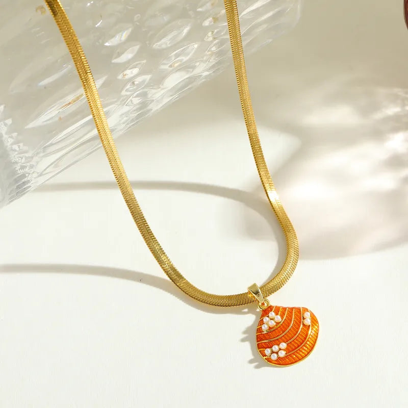 Elegant 18K Gold Plated Stainless Steel Shell Pendant Necklace With Fake Pearl Embellishment Casual Chic Lobster Clasp