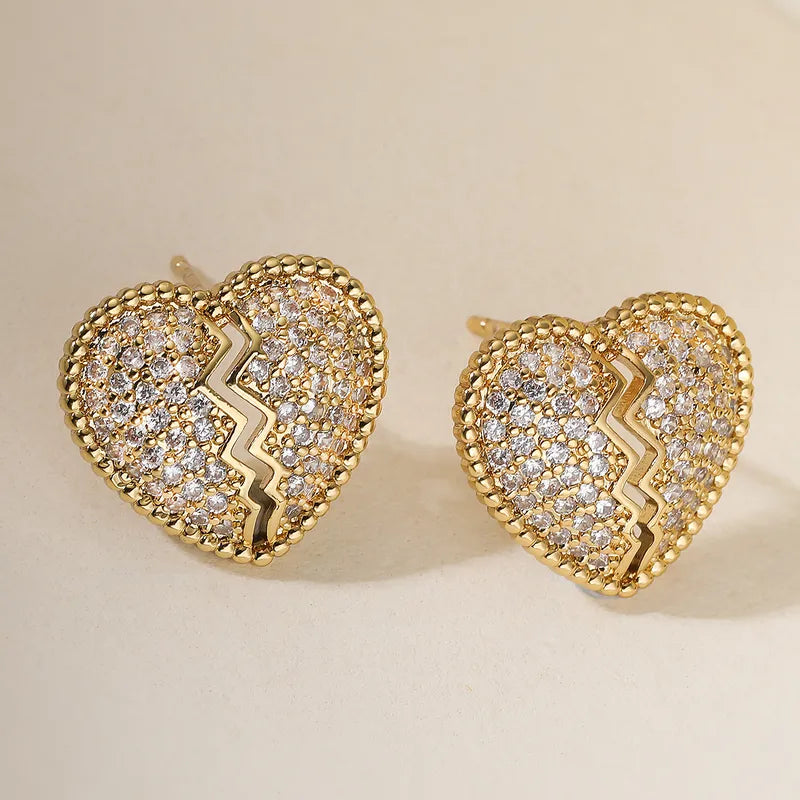 Elegant Copper Plated 18K Gold Zircon Heart Shaped Earrings For Women Simple Luxury Design Versatile Fashion Jewelry Accessories