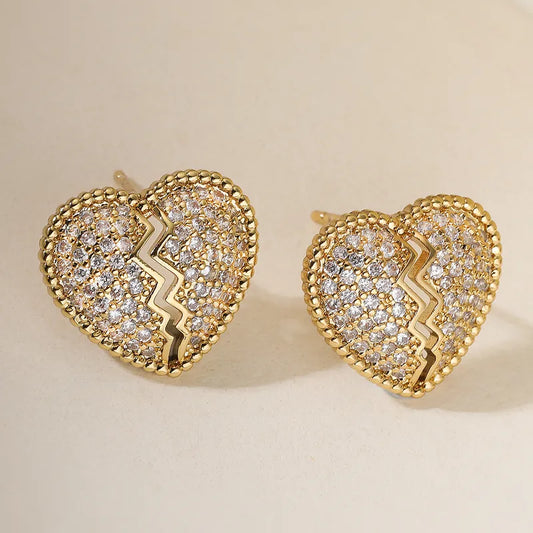 Elegant Copper Plated 18K Gold Zircon Heart Shaped Earrings For Women Simple Luxury Design Versatile Fashion Jewelry Accessories