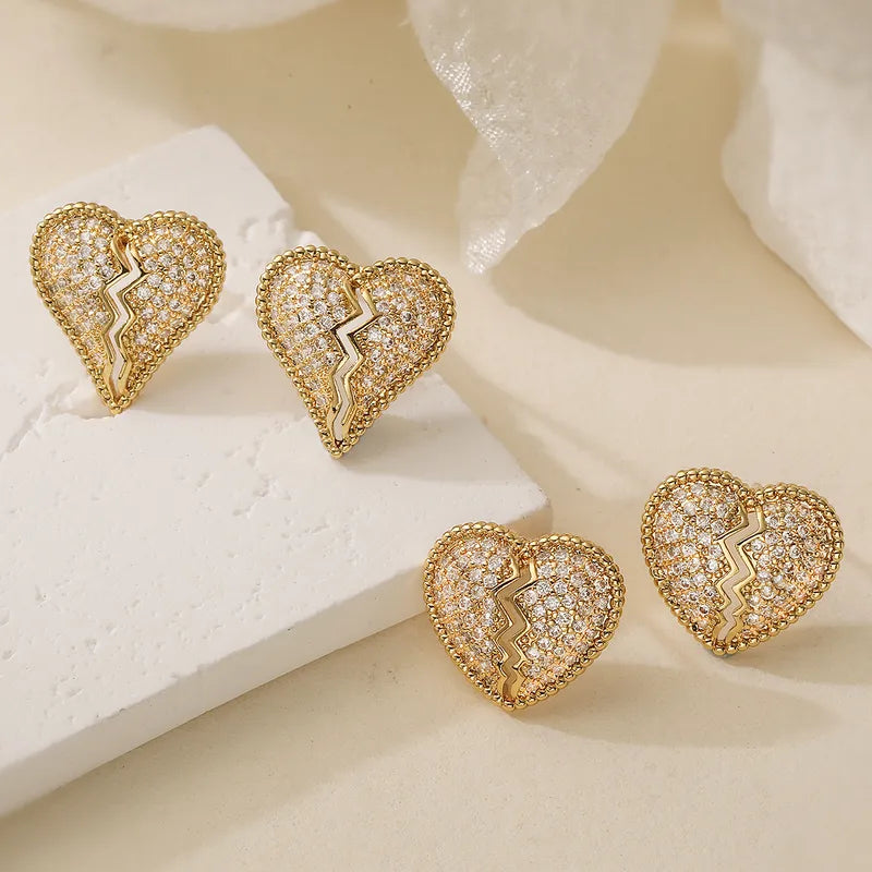 Elegant Copper Plated 18K Gold Zircon Heart Shaped Earrings For Women Simple Luxury Design Versatile Fashion Jewelry Accessories