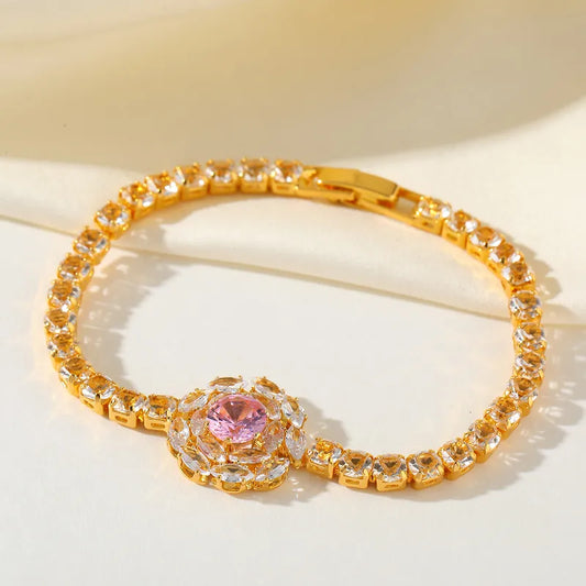 Elegant Design Copper Plated 14K Gold Embedded Zircon Flower Full Diamond Bracelet Luxury Fashion Jewelry Accessory For Women