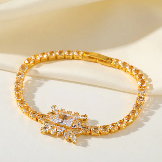 Elegant Design Copper Plated 14K Gold Embedded Zircon Flower Full Diamond Bracelet Luxury Fashion Jewelry Accessory For Women