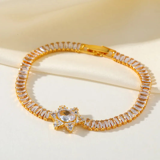 Elegant Design Copper Plated 14K Gold Embedded Zircon Flower Full Diamond Bracelet Luxury Fashion Jewelry Accessory For Women