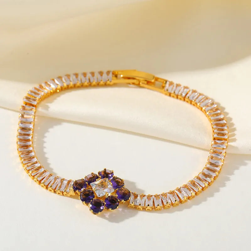 Elegant Design Copper Plated 14K Gold Embedded Zircon Flower Full Diamond Bracelet Luxury Fashion Jewelry Accessory For Women