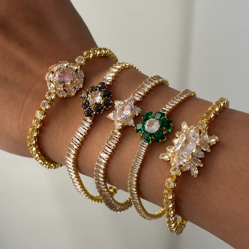 Elegant Design Copper Plated 14K Gold Embedded Zircon Flower Full Diamond Bracelet Luxury Fashion Jewelry Accessory For Women